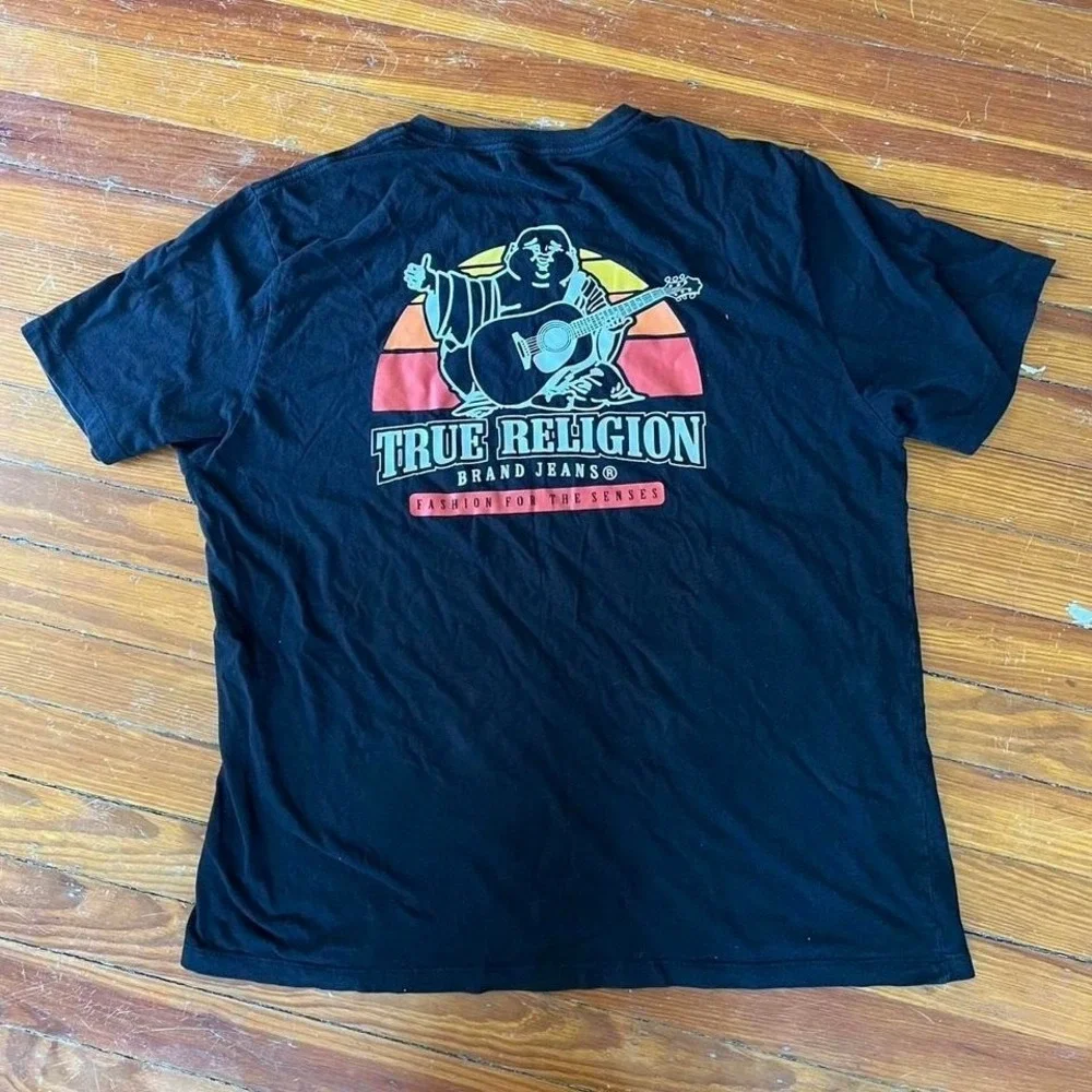True Religion Mens Black Buddha Guitar Graphic T-Shirt XL 108563 Crewneck Tee